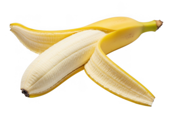 A partially peeled banana isolated on transparent background, revealing its creamy white flesh, with the yellow peel curling back, showcasing the fruits ripeness and texture