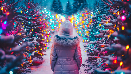 Woman Walks Through Snowy Forest of Colorful Holiday Lights in Winter Evening