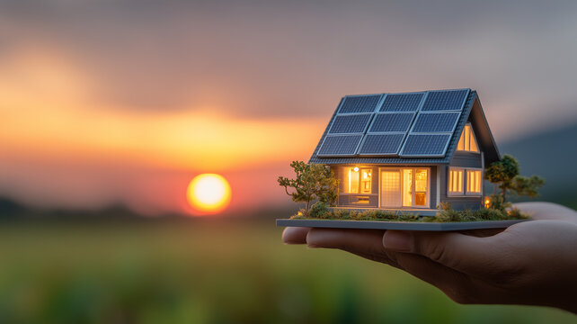 Small model house with rooftop solar panels held in a hand, representing sustainable housing, renewable energy investment and a responsible approach to future home ownership.
