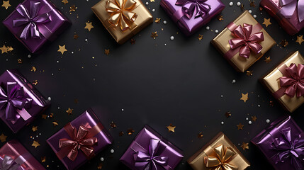 festive celebration frame with purple gold wrapped presents and glitter accents