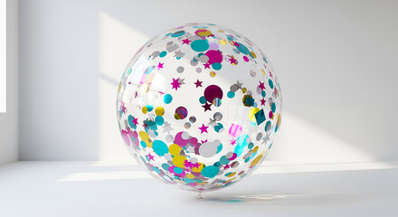 Clear Confetti Balloon in a Minimalist White Room