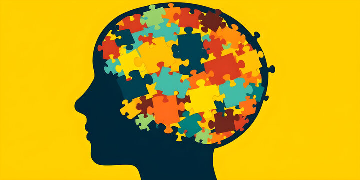 The animation shows a silhouette of a head filled with puzzle pieces, representing the intricate nature of mental health. The bright background emphasizes the thoughtful theme - Powered by Adobe