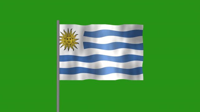 Flag of Uruguay, Pole flag of Uruguay on Green screen chroma key, Uruguay 3D Animation flag waving in the wind isolated on Green Background. 
