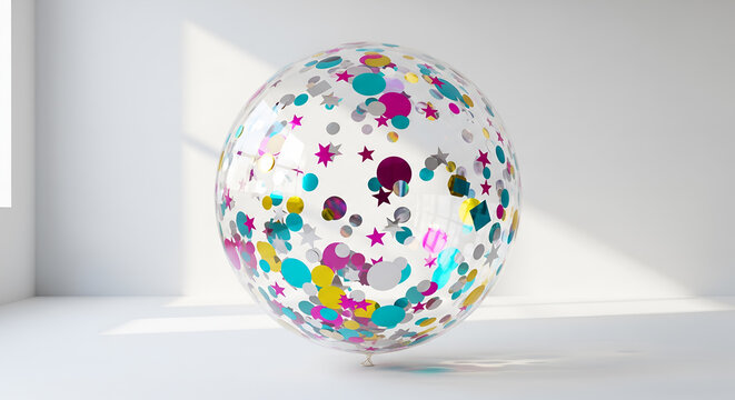 Clear Confetti Balloon in a Minimalist White Room