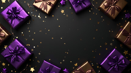 festive celebration frame with purple gold wrapped presents and glitter accents