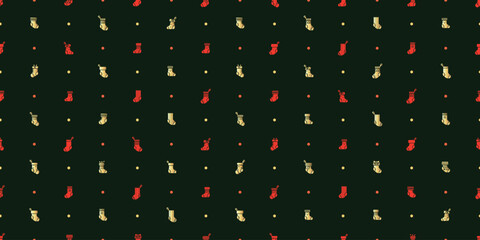 Christmas seamless pattern with cute red and gold stocking on a dark green background.