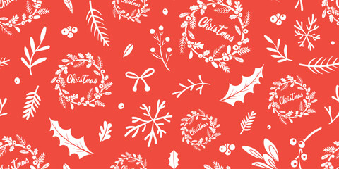Christmas seamless pattern with cute white wreath, holly, plants, and festive decorations on a red background.