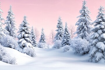Winter snow forest landscape with pink sky and seasonal background