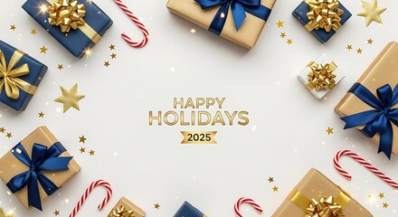 Obraz premium Festive holiday horizontal gifts in striped wrapping, adorned with bows, surrounded by ornaments and stars