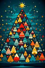 Colorful Christmas Tree Adorned With Various Decorations and Vibrant Stars in a Festive Winter Scene