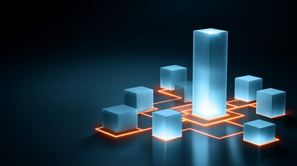 Centralized data leadership concept represented by a dominant pillar connected to surrounding blocks in a structured digital network, symbolizing coordination and strategic control.
