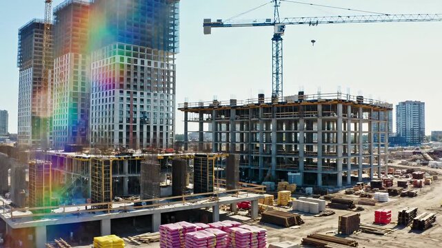Urban construction site with tower crane and concrete framework structures. Multiple residential buildings under development with rainbow light refraction overlay. Real estate project progress