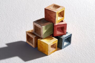 Artistic wooden alphabet blocks studio watercolor painting creative close-up