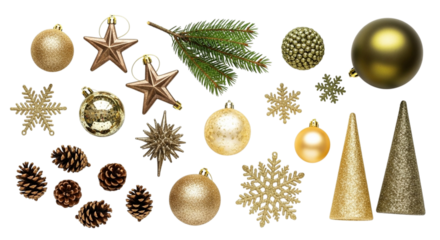 Festive assortment of golden christmas ornaments, including baubles, stars, snowflakes, pine cones, and a fir branch, isolated on transparent background