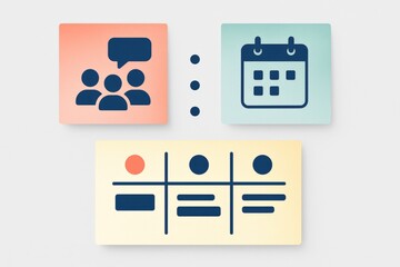 Visual representation of team collaboration through innovative icons depicting communication, scheduling, and analytical assessment capturing modern workplace dynamics