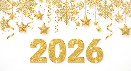 Festive New Year 2026 Celebration with Glittery Gold Decorations on White Background