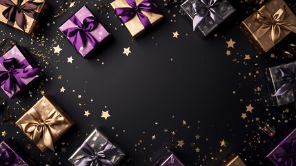 festive celebration frame with purple gold wrapped presents and glitter accents