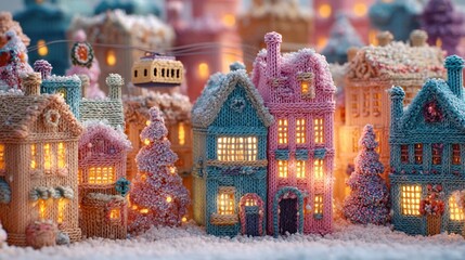 Pastel Knitted Christmas Village at Night