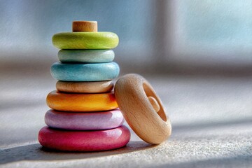 Colorful wooden stacking rings toy playroom photography soft light