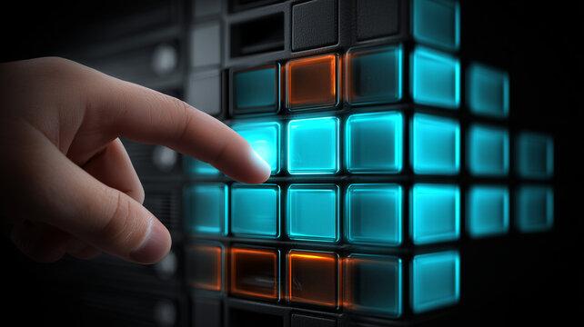 Digital decision control represented by a human finger activating a glowing matrix of touch buttons on an advanced technology interface panel.