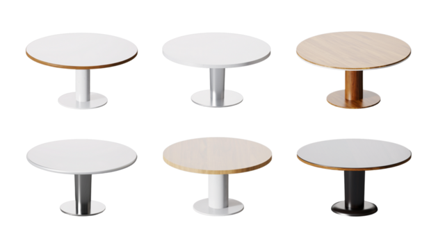 Set of round tables isolated on transparent background. 3D render.