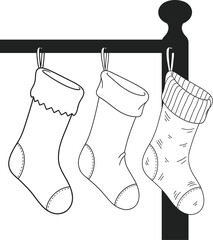 Hanging Christmas Stockings Outline Vector, Holiday Decoration, Mantlepiece, and Festive Gifting Line Art