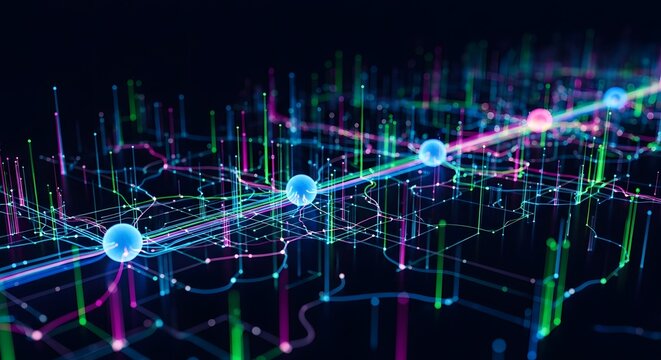 Abstract visualization of a neural network, nodes and connections illuminated with light pulses, dark background, vibrant colors, hyper-realistic tech illustration, no people.
