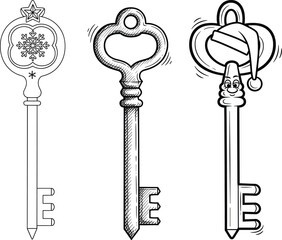 Vector Set of Vintage Skeleton Keys, Outline, Engraving Style, and Christmas Magic Key Illustration