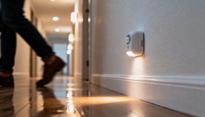 A person walks down a well-lit hallway, with a motion sensor light illuminating the floor.