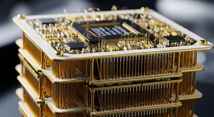 Macro shot of a quantum computer processor core, golden cooling structures, intricate circuits, dramatic lighting, highly detailed scientific photography style, no people.
