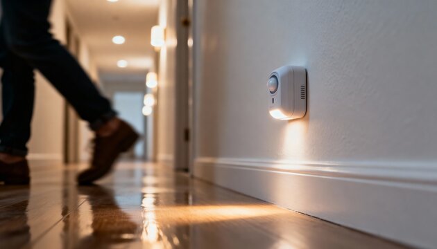 A person walks down a well-lit hallway, with a motion sensor light illuminating the floor.