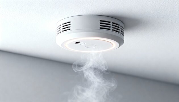 A modern smoke detector mounted on the ceiling, emitting smoke, highlighting its functionality in fire safety.