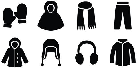 Winter clothing silhouette icon set, Cold weather apparel vector collection, Warm accessories winter garment pack