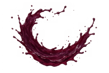 Red drink splashing with circular swirl effect creating dynamic motion, beverage with flying drops on transparent background