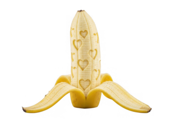 Peeled banana with heart carvings isolated on transparent background, symbolizing love, health, and creativity in food presentation with its unique and playful design