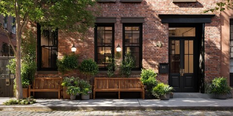 Charming Brick Building Facade with Lush Greenery and Wooden Benches.