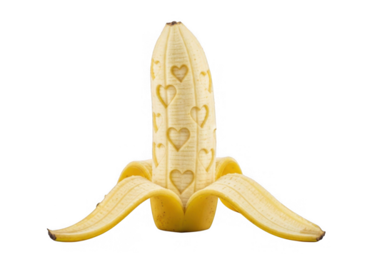 Peeled banana with heart carvings isolated on transparent background, symbolizing love, health, and creativity in food presentation with its unique and playful design