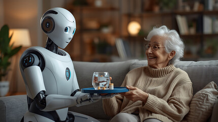 ai caregiver assisting senior with daily tasks in warm living room setting humanoid robot serving drink and medication to elderly person in home environment()