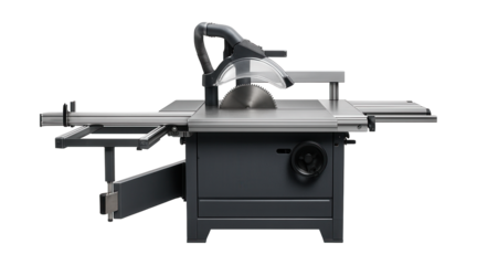 Sliding table saw featuring an extendable rail for cutting large sheets.