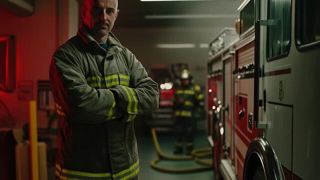 A fireman posing next to a fire truck, ready for action