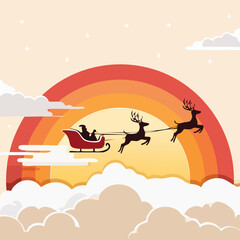 Santa's Sleigh Flying Over a Golden Sunset Rainbow