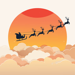 Santa's Sleigh Flight Over Golden Clouds at Sunset