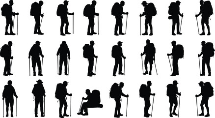 Hiker silhouettes, trekking poses, backpack figures, walking sticks, black vector, outdoor activity, minimal style, graphic set, nature icons