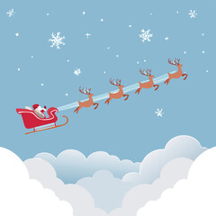 Dynamic Flat Vector of Santa's Sleigh and Reindeer Flying Above Clouds