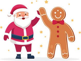 Happy Santa Claus and Gingerbread Man High-Fiving