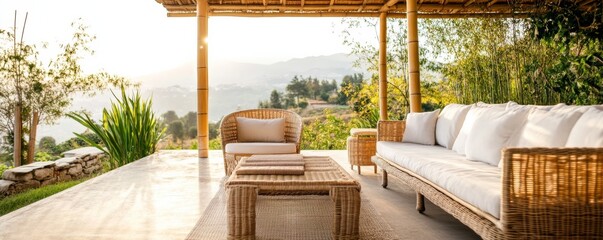 Fototapeta premium Bamboo Terrace with Wicker Furniture and Mountain View, Outdoor Living , Relaxation