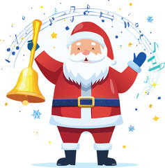 Cheerful Santa Claus Ringing a Christmas Bell with Festive Musical Notes
