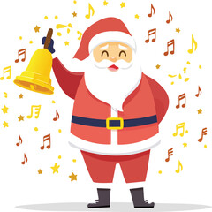 Jolly Santa Claus Ringing Golden Christmas Bell with Festive Musical Notes and Stars