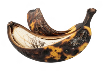 Overripe banana isolated on transparent background, showing signs of decay with its dark spots and soft texture, representing the natural process of decomposition