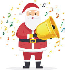 Cheerful Santa Claus Ringing Golden Bell with Festive Music Notes Vector Illustration